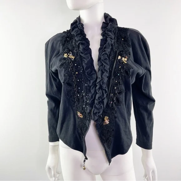 Vintage Phun Shirts of California Black Embroidered & Embellished Ruffle Jacket - Picture 5 of 10